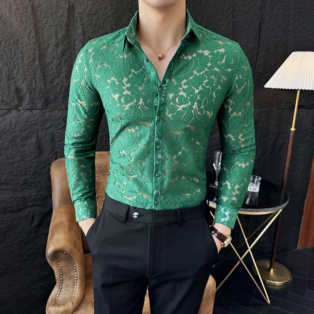Men's Mesh See-Through Floral Lace Sheer Casual Shirt