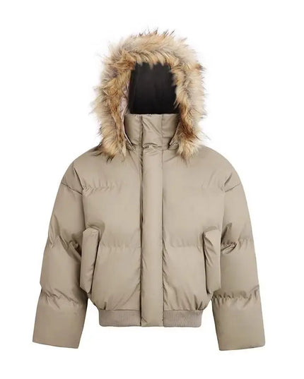 Women's Cotton-Padded Jacket with Faux Fur Collar and Hood