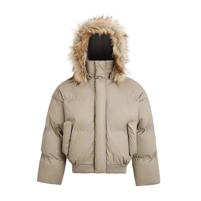 Women's Cotton-Padded Jacket with Faux Fur Collar and Hood