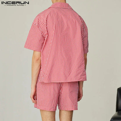 INCERUN Men's Plaid Two-Piece Shirt and Shorts Set – Casual Loose Fit