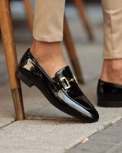Men’s Pu Leather Loafers – Shiny Leather Slip-On Shoes with Round Toe