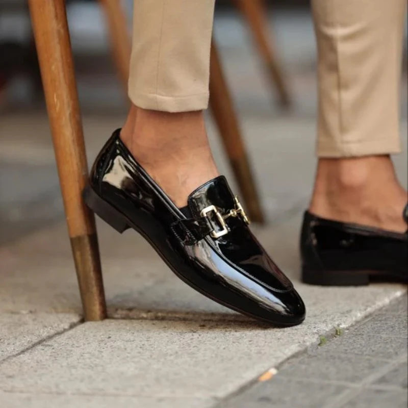 Men’s Pu Leather Loafers – Shiny Leather Slip-On Shoes with Round Toe