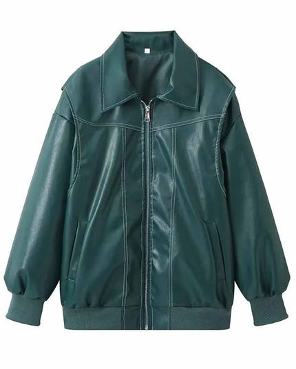 Women's Zipper PU Leather Jacket with Stitch Lapel - Loose Fit
