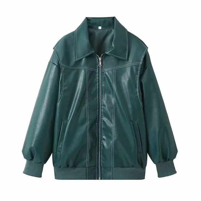Women's Zipper PU Leather Jacket with Stitch Lapel - Loose Fit