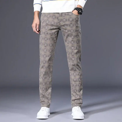 Men's Slim Fit Classic Pants - Stretch Cotton Checkered Trousers
