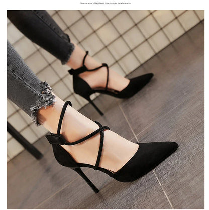 Women's Suede High Heels Roman Sandals with Cross Strap & Buckle Closure