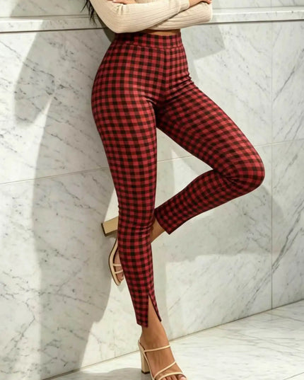 Casual High-Waisted Checkered Print Women's Trousers