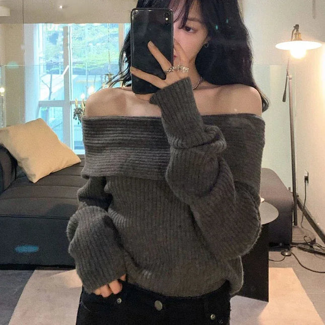 Women's Slash Neck Knitted Sweater - Off-Shoulder Long Sleeve, Thick & Slim Fit Pullover
