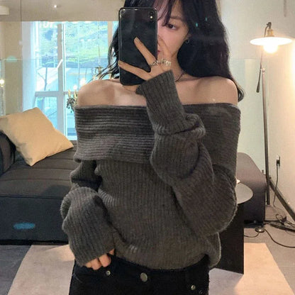 Women's Slash Neck Knitted Sweater - Off-Shoulder Long Sleeve, Thick & Slim Fit Pullover