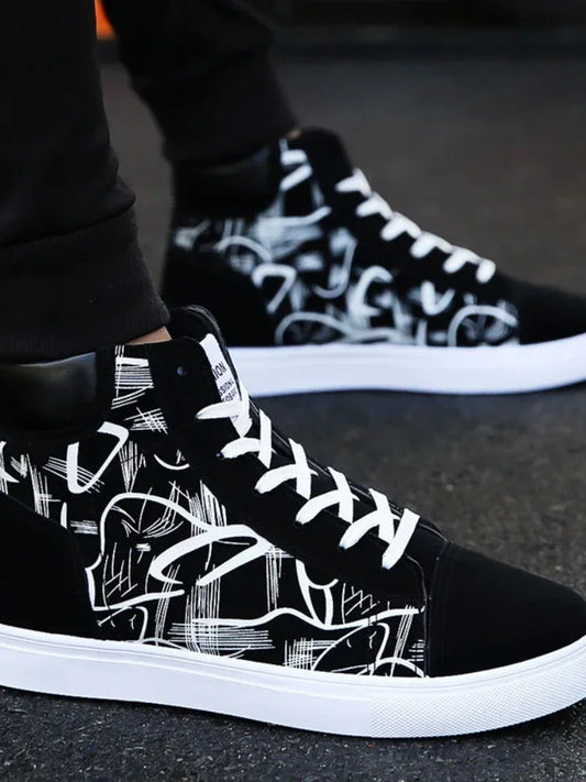 Men's High-Top Patterned Lace-Up Canvas Sneakers