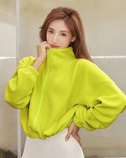 Women's High-Waist Casual Zip-Up Jacket with High Collar
