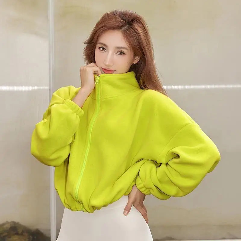 Women's High-Waist Casual Zip-Up Jacket with High Collar