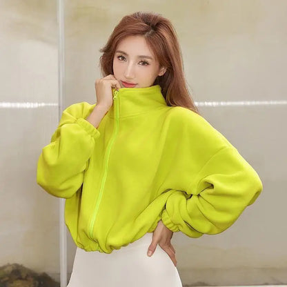 Women's High-Waist Casual Zip-Up Jacket with High Collar