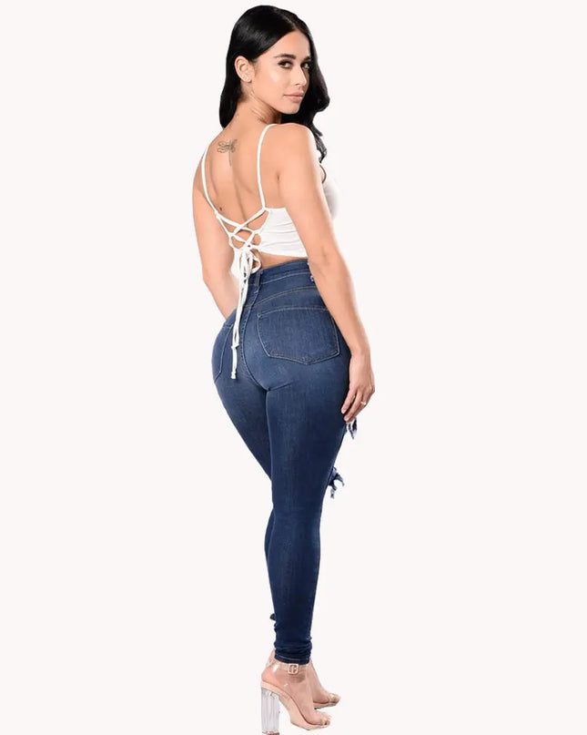 Womens Stretchy High-Waisted Ripped Skinny Jeans