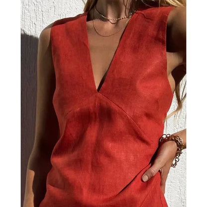 Women's Elegant Sleeveless V-Neck Linen Dress - Various Colors