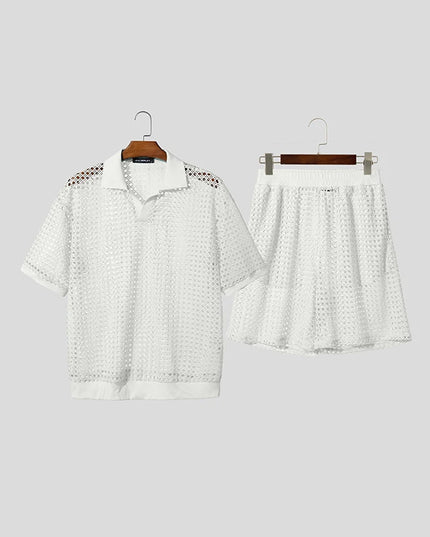 Incerun Men's Two-Piece Hollow Out Lapel Short Sleeve T-Shirt and Short Set