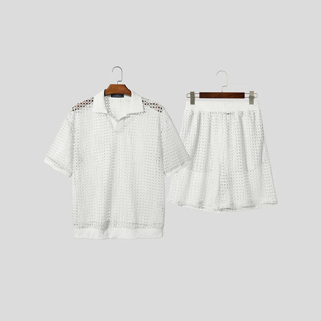 Incerun Men's Two-Piece Hollow Out Lapel Short Sleeve T-Shirt and Short Set