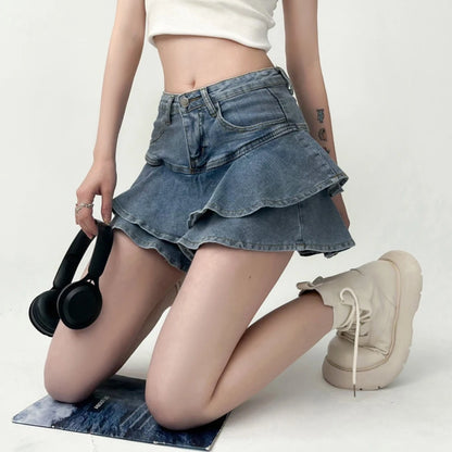 Vintage High-Waist Denim Skirt with Ruffle Detailing
