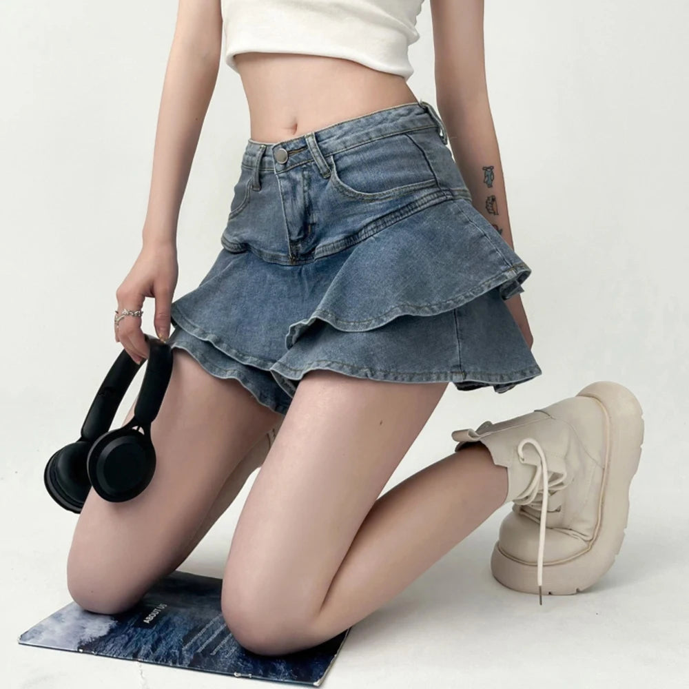 Women's Vintage Denim Skirt – High Waist A-Line Wash, Slim Fit, Ruffle Detailing