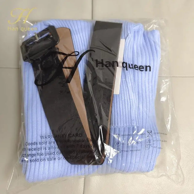 Han Queen Women's Knitted Turtleneck Bodycon Dress with Belt