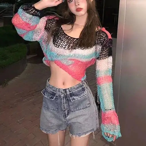 Women's Hollow-Out Knit Cropped Sweater with Backless Design