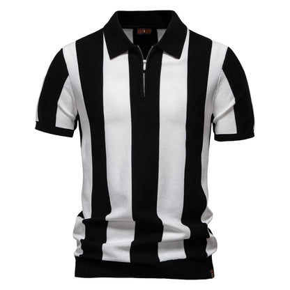 Men's Breathable Striped Polo Shirt - Casual Knit T-Shirt with Zipper Closure