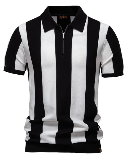 Men's Breathable Striped Polo Shirt - Casual Knit T-Shirt with Zipper Closure