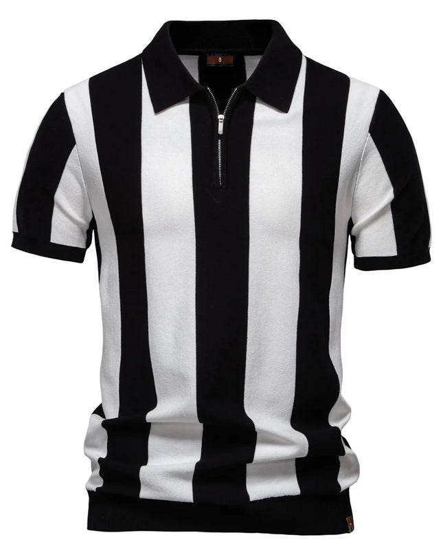 Men's Breathable Striped Polo Shirt - Casual Knit T-Shirt with Zipper Closure