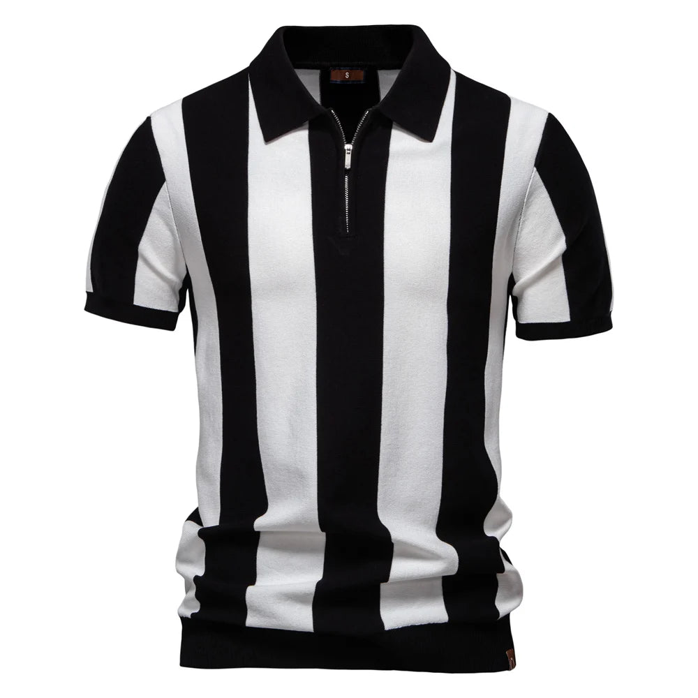 Men's Breathable Striped Polo Shirt - Casual Knit T-Shirt with Zipper Closure