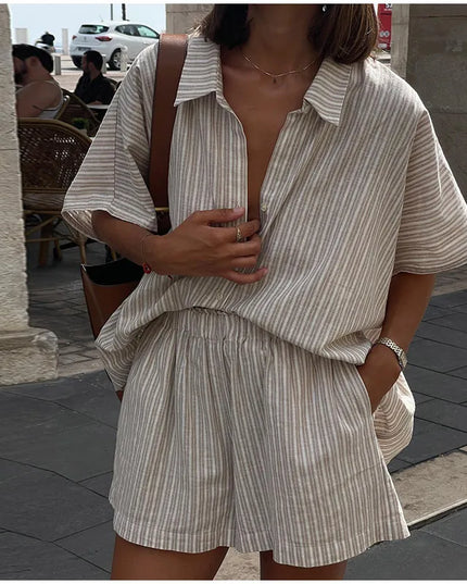 Women's Casual Two-Piece Set: Striped Short-Sleeved Shirt and Shorts, Loose Fit