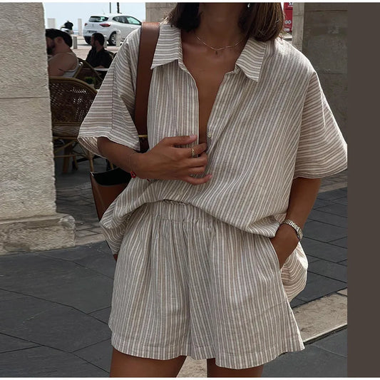 Women's Casual Two-Piece Set: Striped Short-Sleeved Shirt and Shorts, Loose Fit