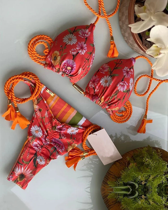 Leopard Print Braided Rope Push-Up Bikini Set for Women - Various Designs