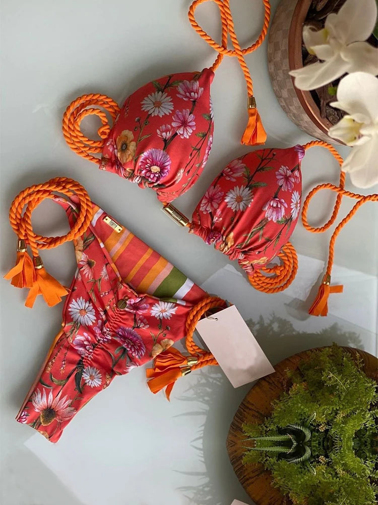 Leopard Print Braided Rope Push-Up Bikini Set for Women - Various Designs