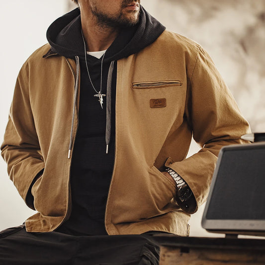 Men's Retro Canvas Jacket with Lapel Collar and Zipper