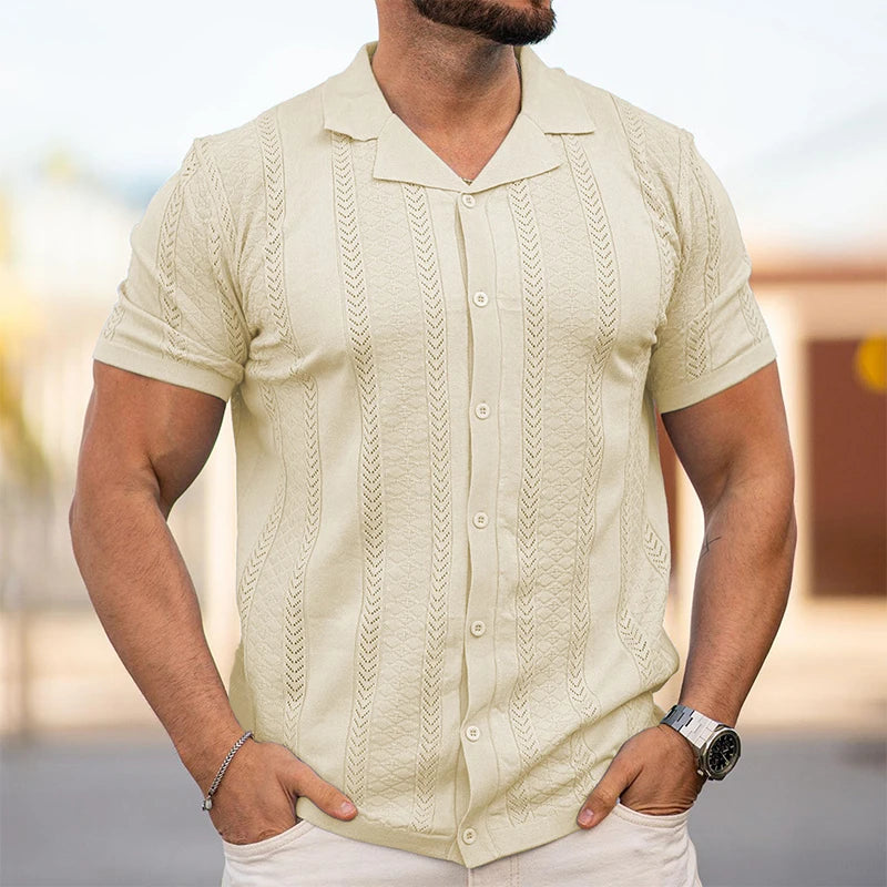 Men's Breathable Striped Knit Patchwork Polo Shirt - Short Sleeve Button-Up