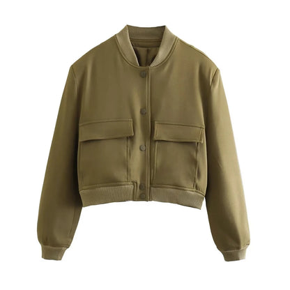 TRAF Long Sleeve Women's Front Button Jacket with Vintage Style and Pockets
