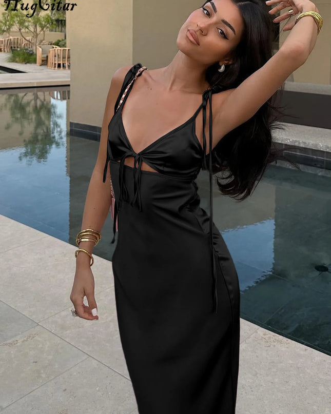 Women's Backless Lace-Up Spaghetti Strap Midi Dress