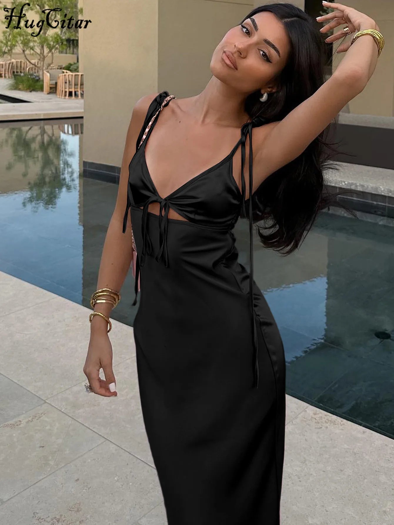 Women's Backless Lace-Up Spaghetti Strap Midi Dress