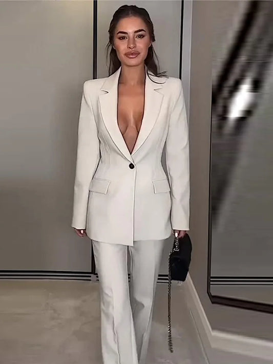 Elegant Women's 2-Piece Slim Blazer and Trousers Set - Sophisticated Full Sleeve Business Suit for Women