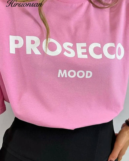 Cotton "Prosecco Mood" Print T-Shirt for Women - Casual Loose Fit Tee by Hirsionsan
