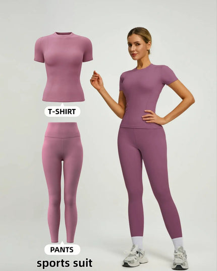 Women's  Short Sleeve Set with High-Waist Yoga Pants and T-Shirt Set