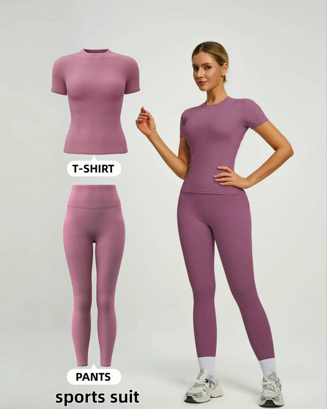 Women's  Short Sleeve Set with High-Waist Yoga Pants and T-Shirt Set