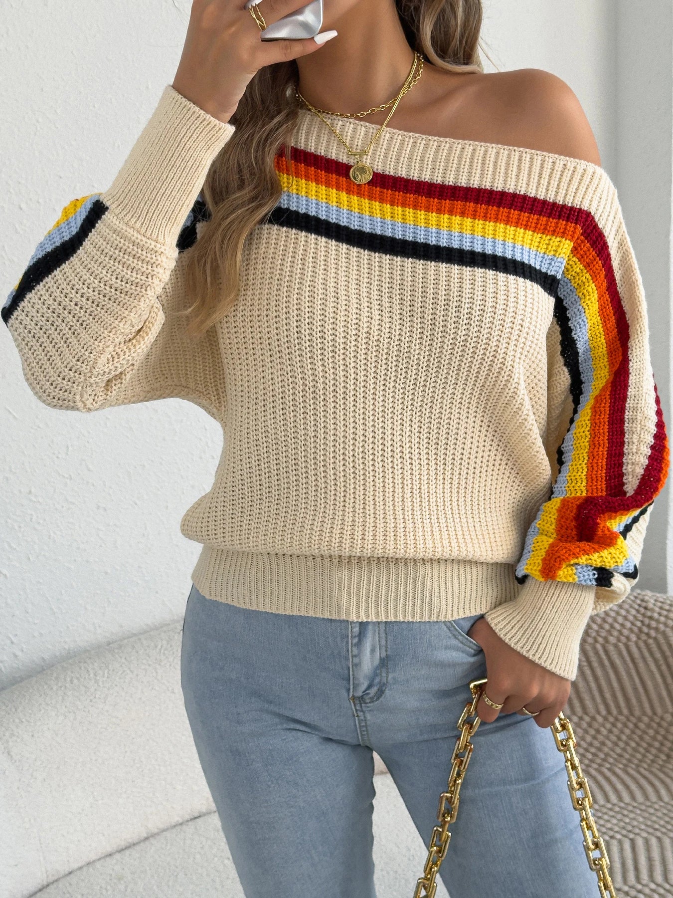 Contrast Color Striped Women's Sweater, Casual Round Neck, Long Sleeve Knitted Top