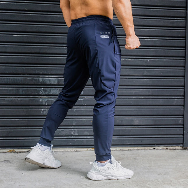 Men's Ice Silk Elastic Breathable Running Pants with Stripes, Quick-Dry, Zip Pocket Sweatpants