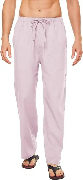 Men's Casual Linen Cotton  Pants Breathable Loos Elastic Waist