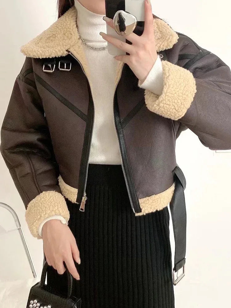Women's Faux Leather Fur Short Jacket with Belt