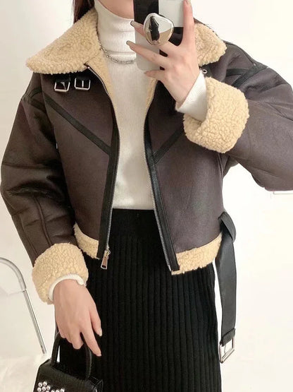 Women's Faux Leather Fur Short Jacket with Belt