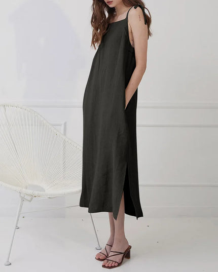 Linen Women's Dress - Elegant Split Midi Dress for Women
