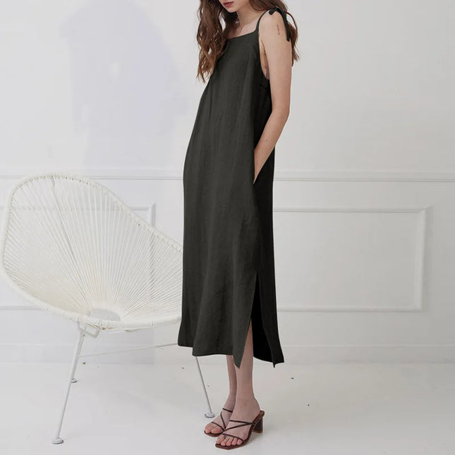 Linen Women's Dress - Elegant Split Midi Dress for Women