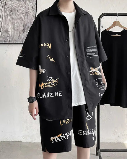 Men's Two-Piece Graffiti Print Loose Fit Button-Up Shirt & Shorts Set